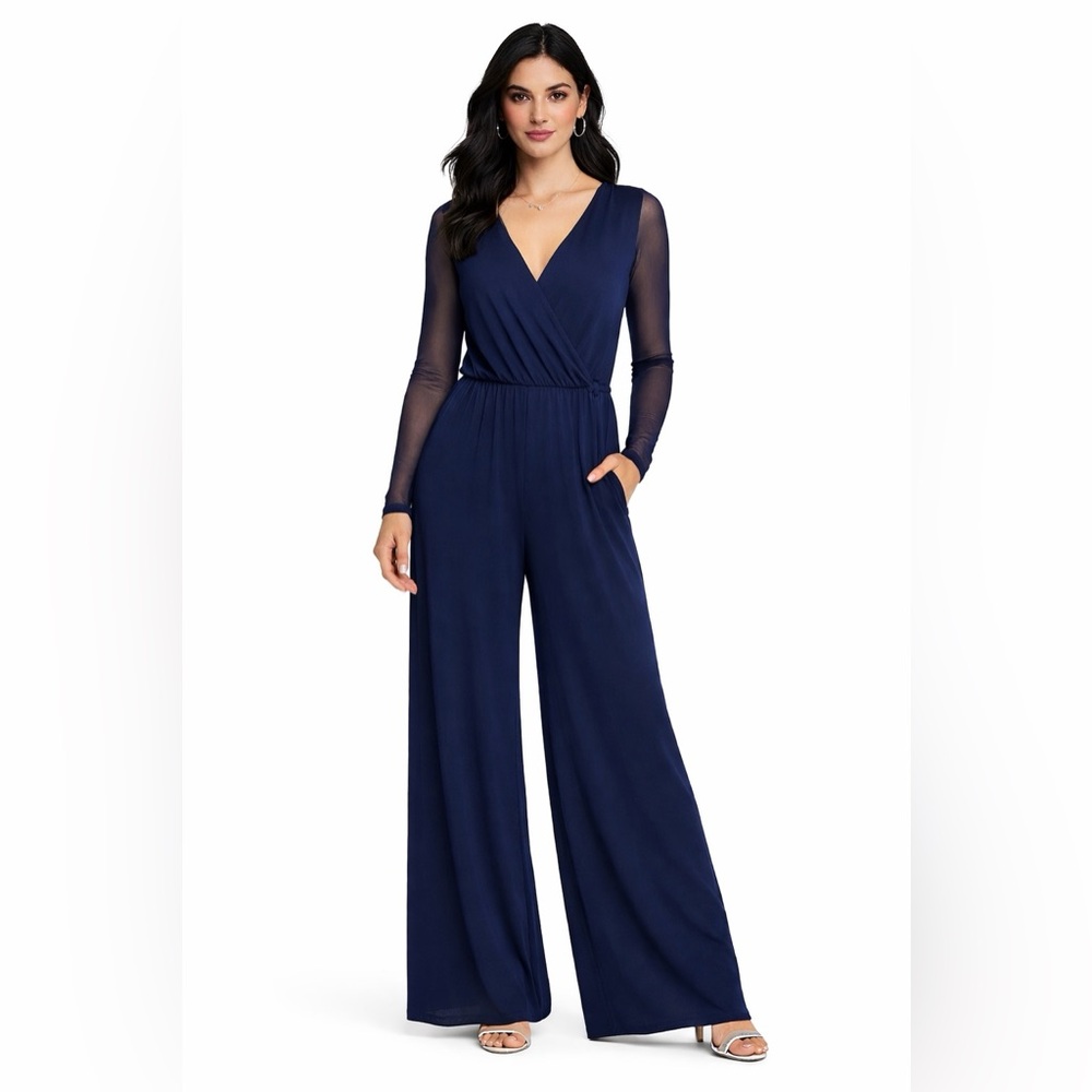 BCBGeneration Deep Blue Mesh Long Sleeve Jumpsuit size M New with Tag